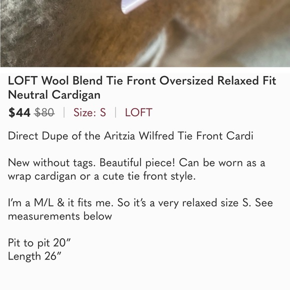 LOFT wool blend tie front oversized relaxed fit neutral cardigan - Picture 9 of 9